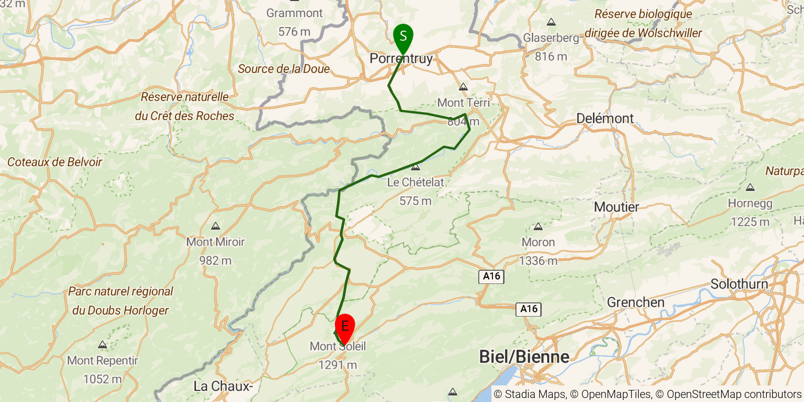 Route map of the Trans Swiss Trail — Stages 1–4: Porrentruy to St-Imier on OpenStreetMap terrain