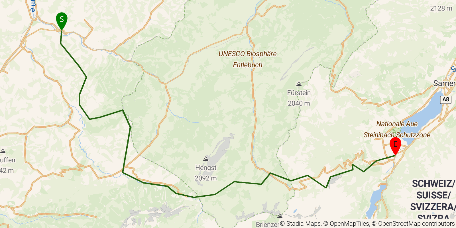 Route map of the Trans Swiss Trail — Stages 13–16: Langnau i.E. to Giswil on OpenStreetMap terrain