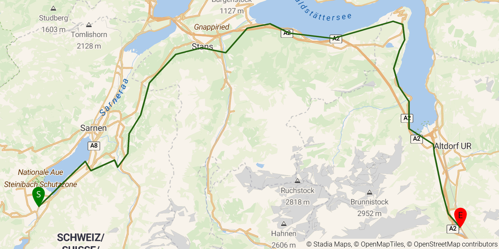 Route map of the Trans Swiss Trail — Stages 17–20: Giswil to Erstfeld on OpenStreetMap terrain