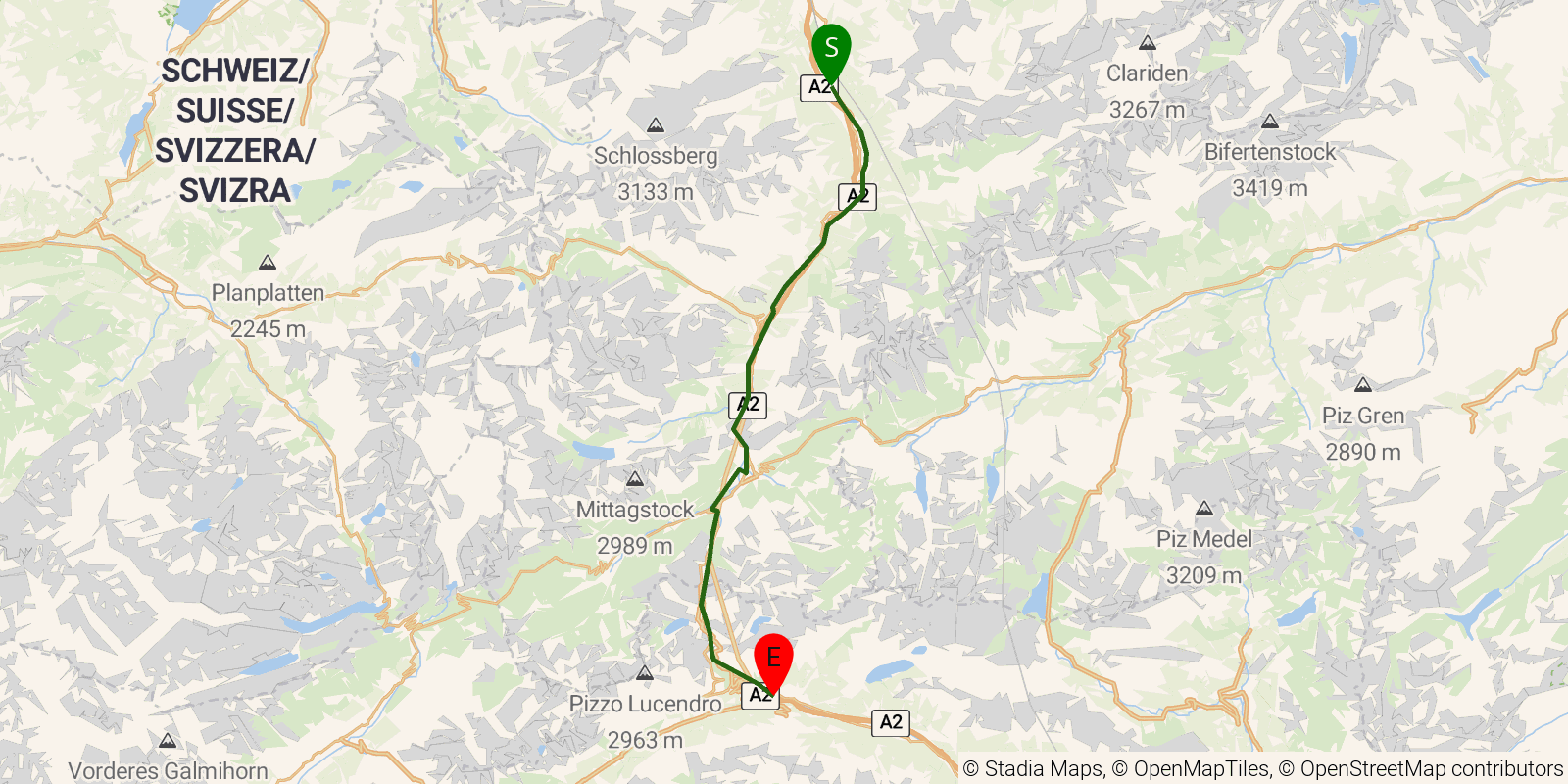 Route map of the Trans Swiss Trail — Stages 21–24: Erstfeld to Airolo on OpenStreetMap terrain