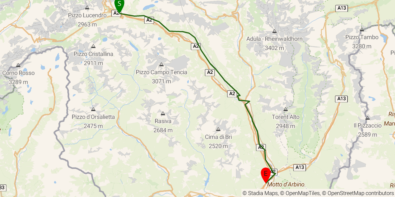 Route map of the Trans Swiss Trail — Stages 25–28: Airolo to Bellinzona on OpenStreetMap terrain