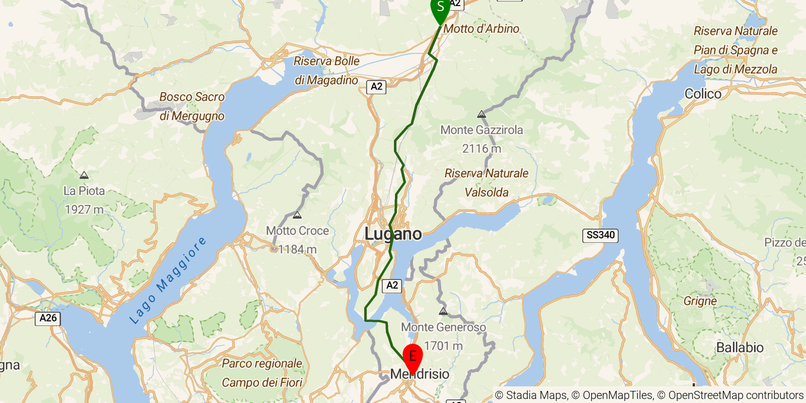 Route map of the Trans Swiss Trail — Stages 29–32: Bellinzona to Mendrisio on OpenStreetMap terrain