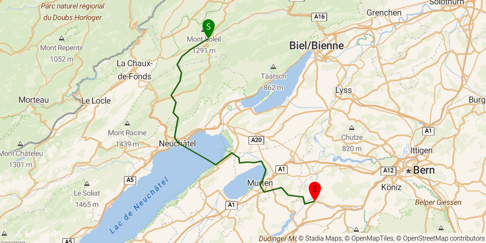 Route map of the Trans Swiss Trail — Stages 5–8: St-Imier to Laupen on OpenStreetMap terrain