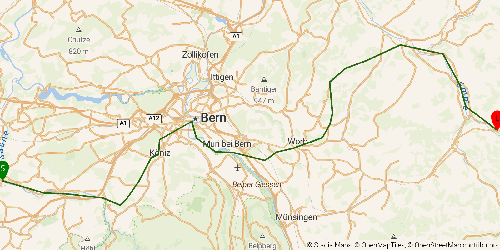 Route map of the Trans Swiss Trail — Stages 9–12: Laupen to Langnau i.E. on OpenStreetMap terrain