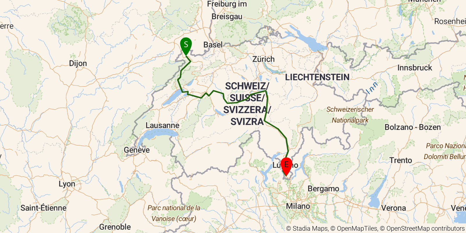 Route map of the Trans Swiss Trail on OpenStreetMap terrain