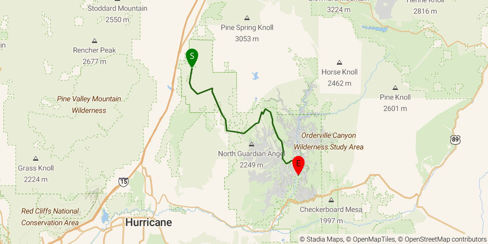 Route map of the Trans-Zion: Kolob Traverse on OpenStreetMap terrain