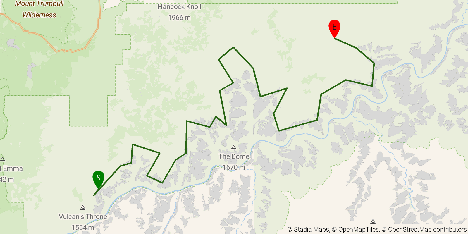 Route map of the Tuckup Trail on OpenStreetMap terrain