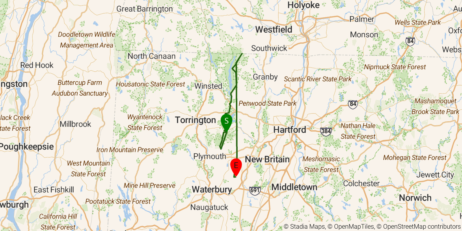 Route map of the Tunxis Trail on OpenStreetMap terrain