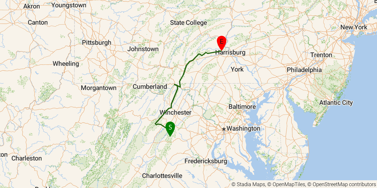 Route map of the Tuscarora Trail on OpenStreetMap terrain