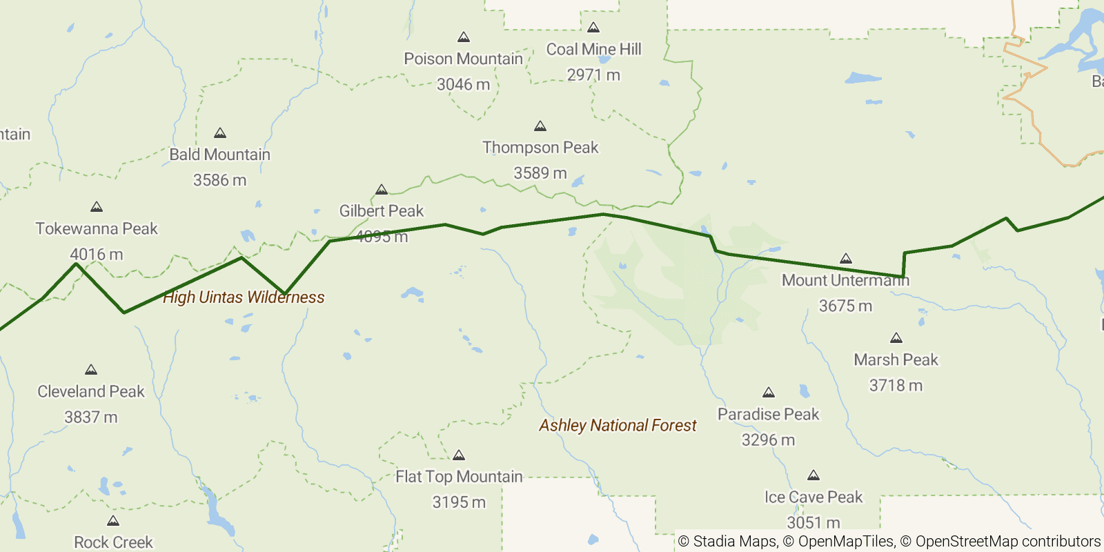 Route map of the Uinta Highline Trail on OpenStreetMap terrain