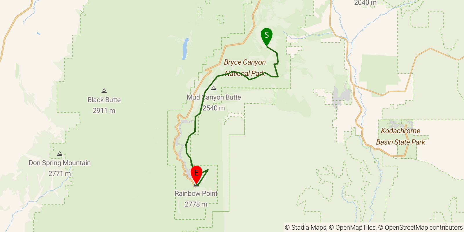 Route map of the Under-the-Rim Trail on OpenStreetMap terrain
