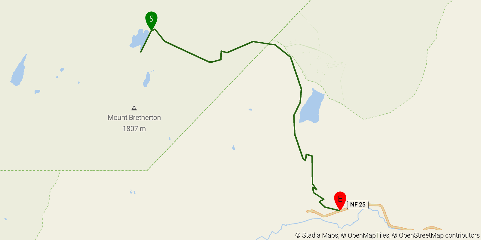 Route map of the Upper Lena Lake on OpenStreetMap terrain