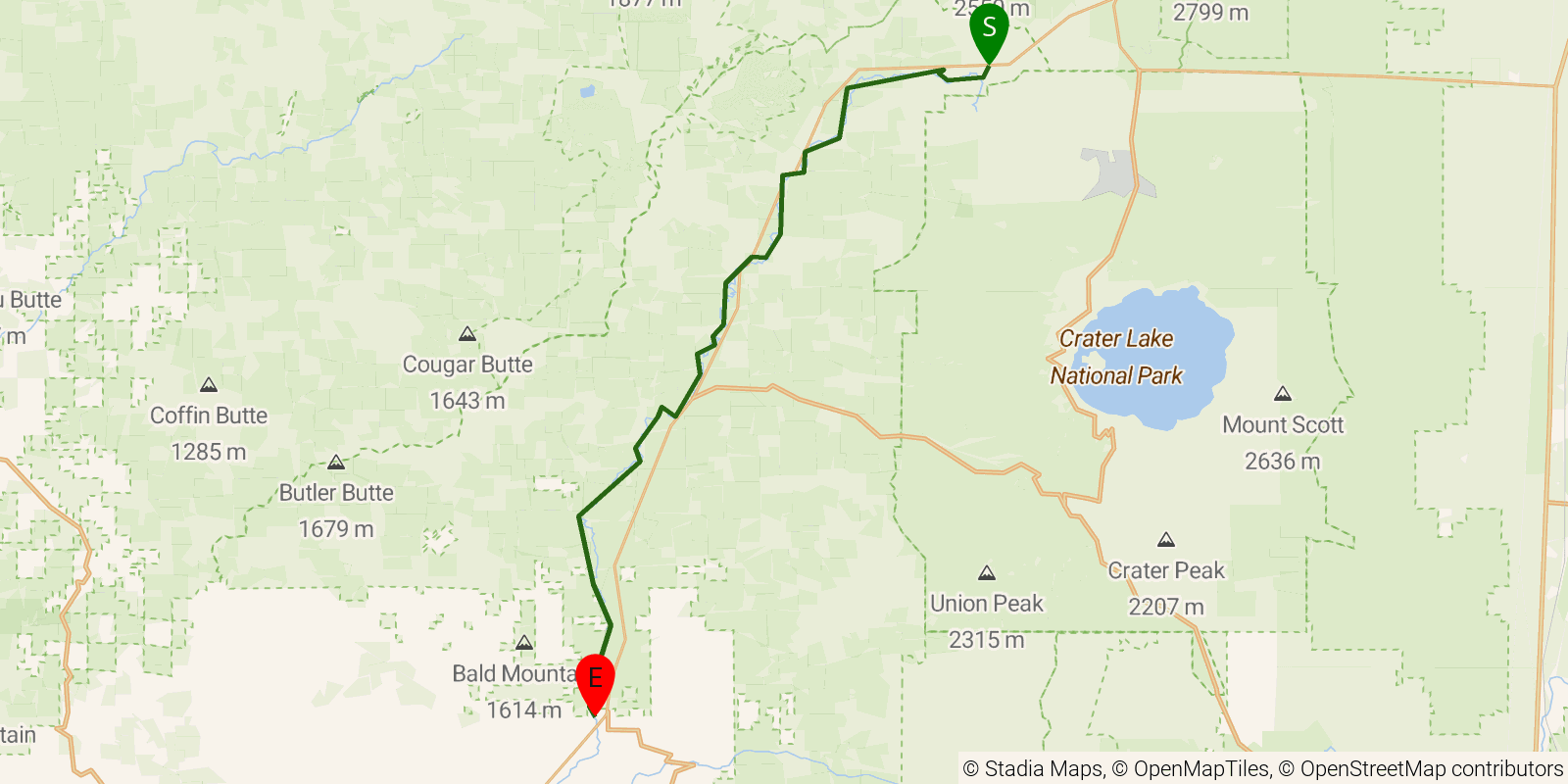 Route map of the Upper Rogue River Trail on OpenStreetMap terrain