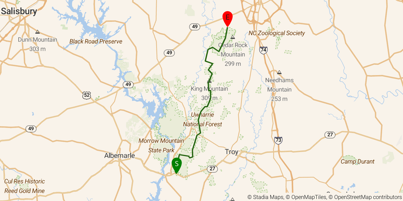 Route map of the Uwharrie Trail on OpenStreetMap terrain