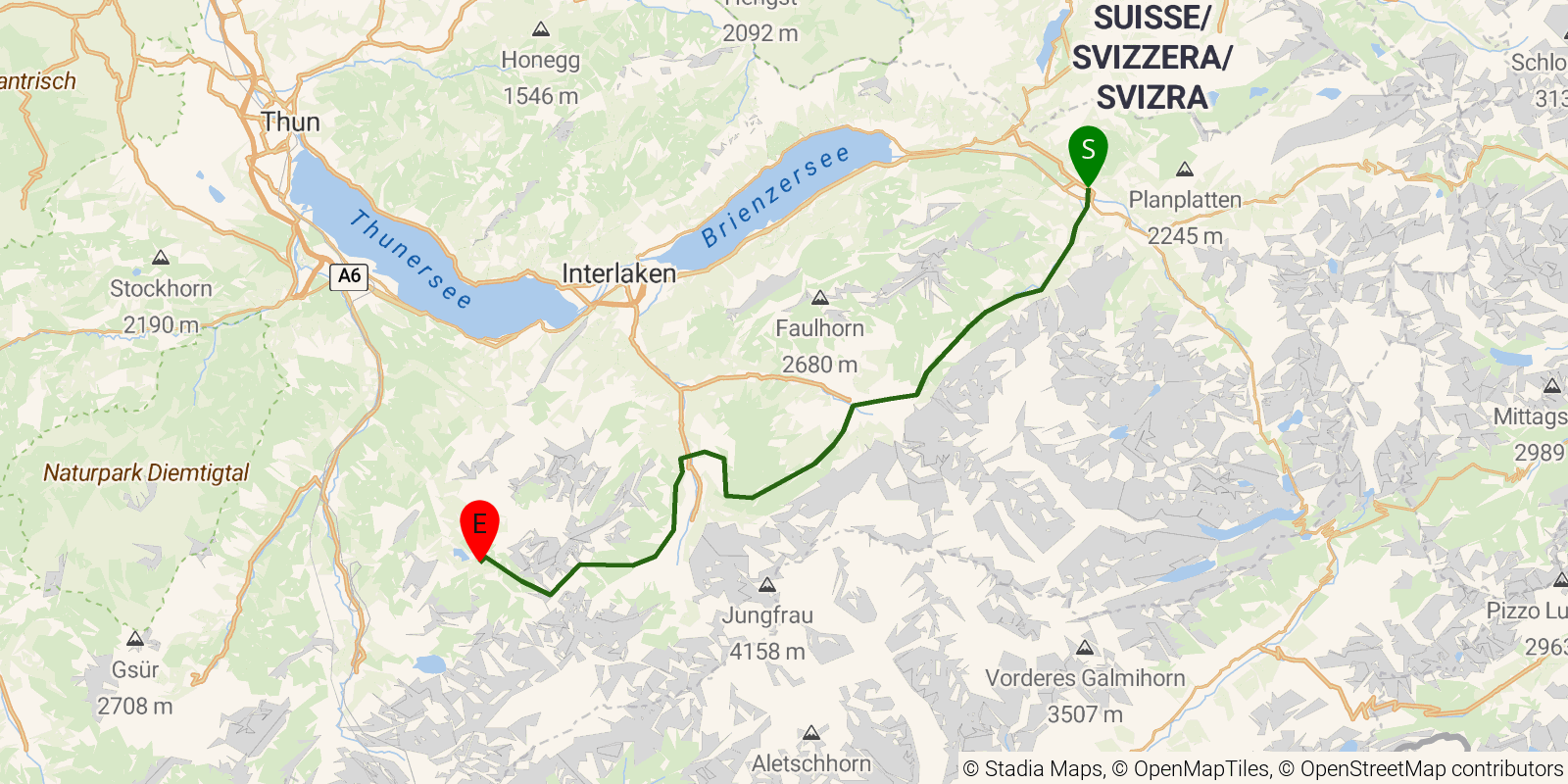Route map of the Via Alpina (Switzerland) — Stages 10–12: Meiringen to Griesalp on OpenStreetMap terrain