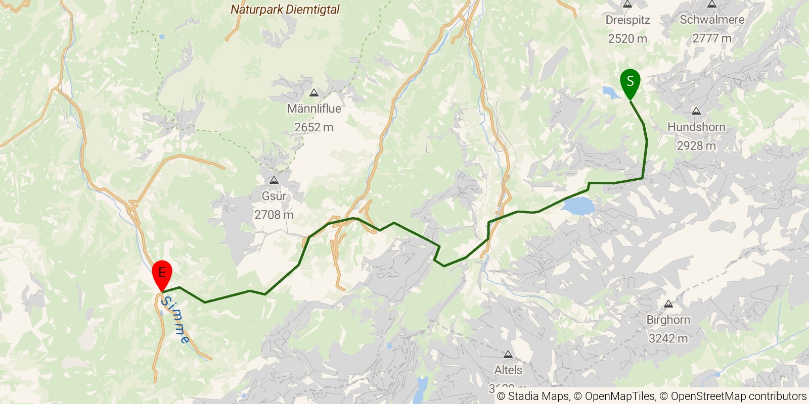 Route map of the Via Alpina (Switzerland) — Stages 13–15: Griesalp to Lenk on OpenStreetMap terrain