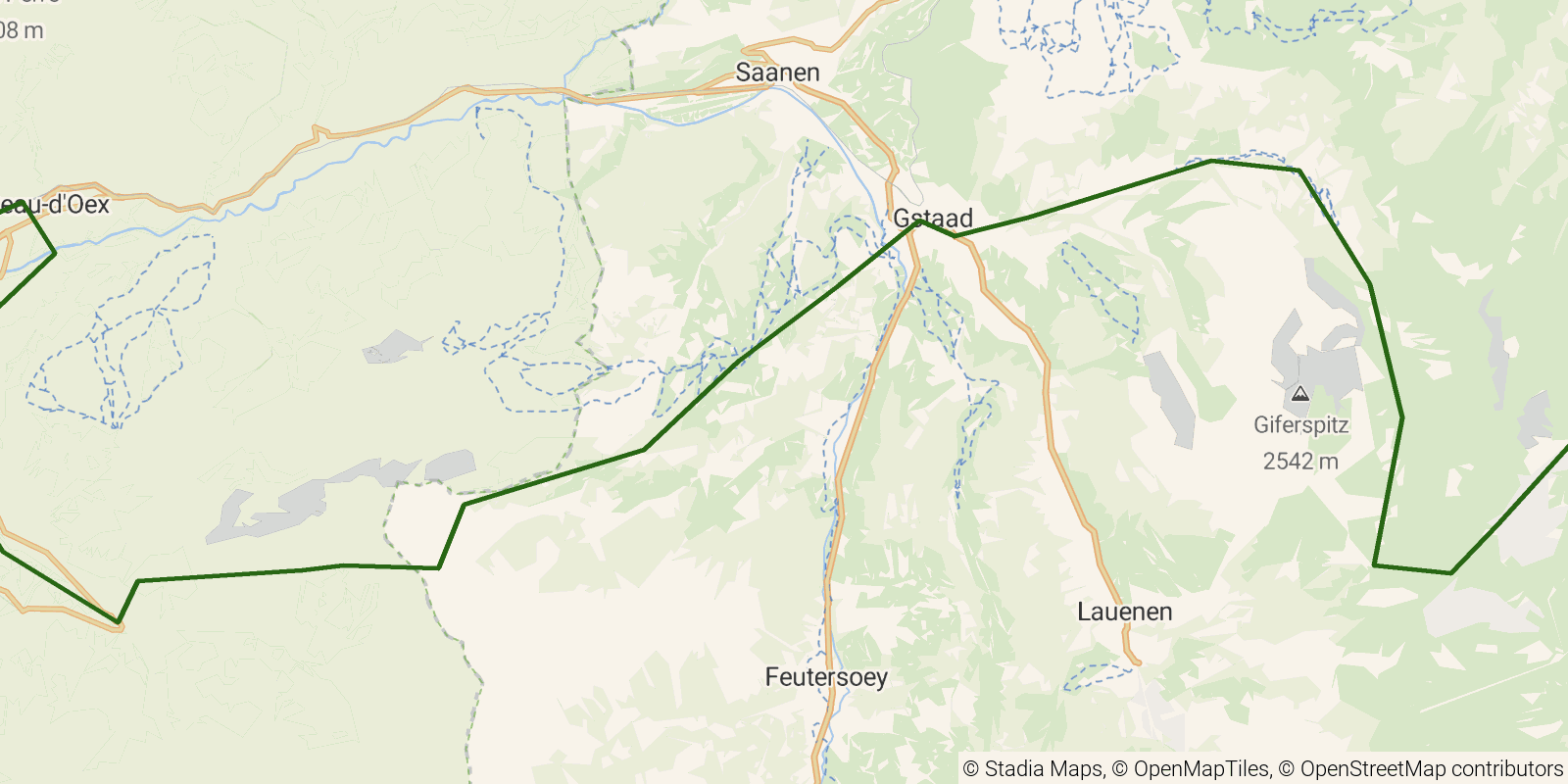 Route map of the Via Alpina (Switzerland) — Stages 16–18: Lenk to Rossinière on OpenStreetMap terrain