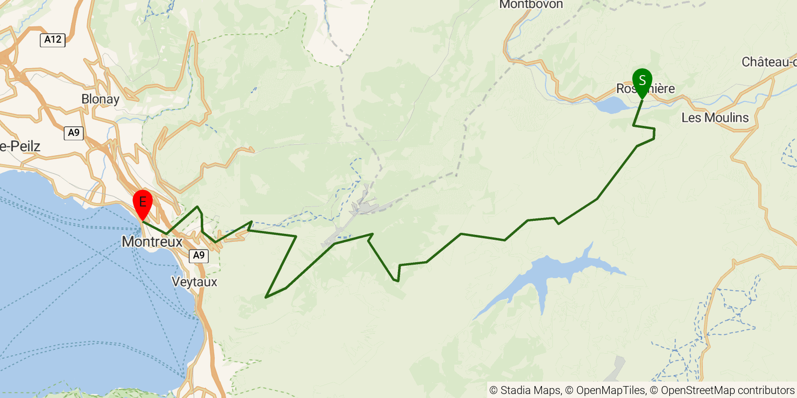 Route map of the Via Alpina (Switzerland) — Stages 19–20: Rossinière to Montreux on OpenStreetMap terrain