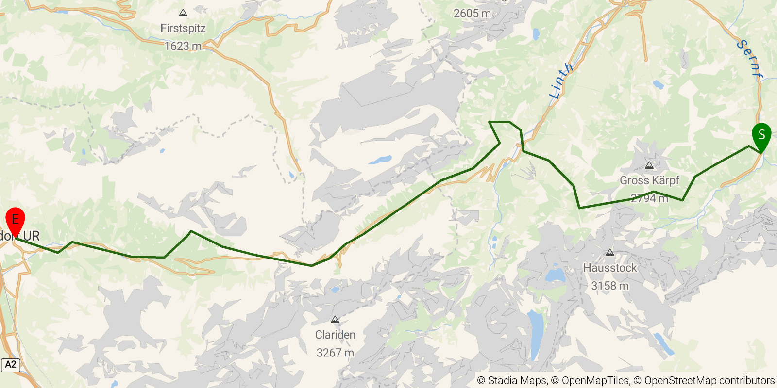 Route map of the Via Alpina (Switzerland) — Stages 4–6: Elm to Altdorf (UR) on OpenStreetMap terrain