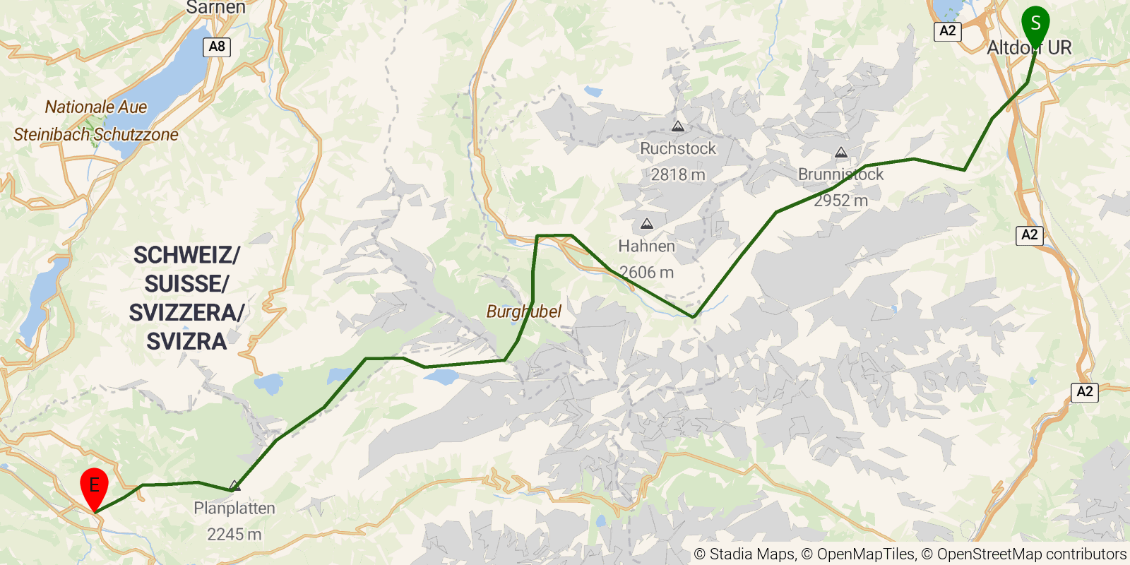 Route map of the Via Alpina (Switzerland) — Stages 7–9: Altdorf (UR) to Meiringen on OpenStreetMap terrain