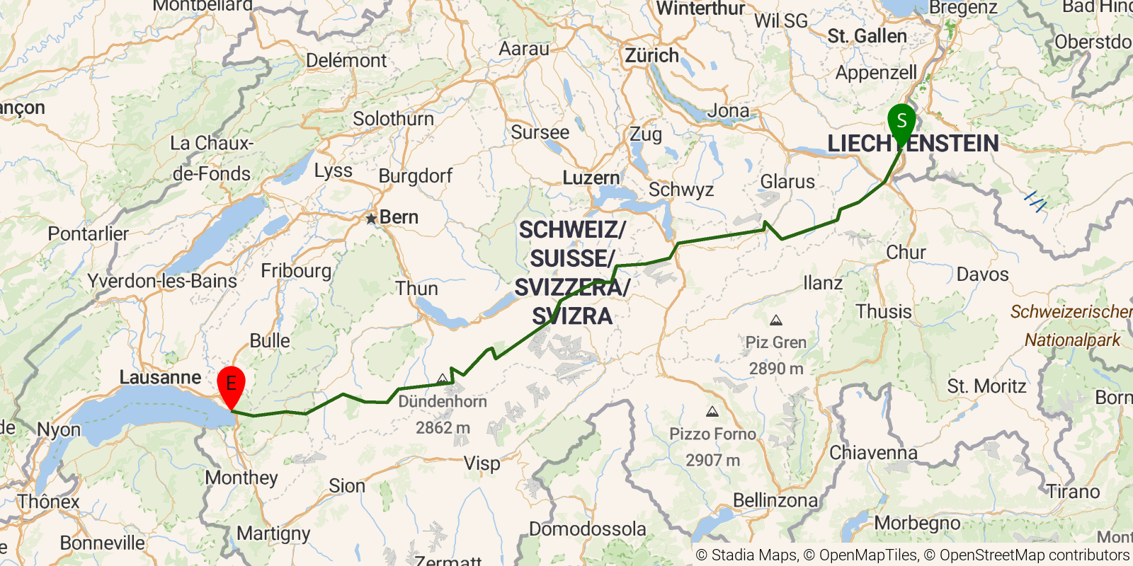 Route map of the Via Alpina (Switzerland) on OpenStreetMap terrain