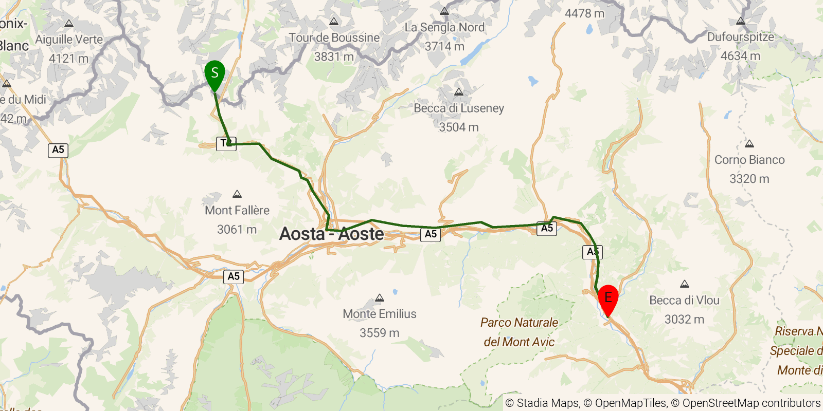 Route map of the Via Francigena in Italy — Stages 1–4: Gran S. Bernardo to Verrès on OpenStreetMap terrain