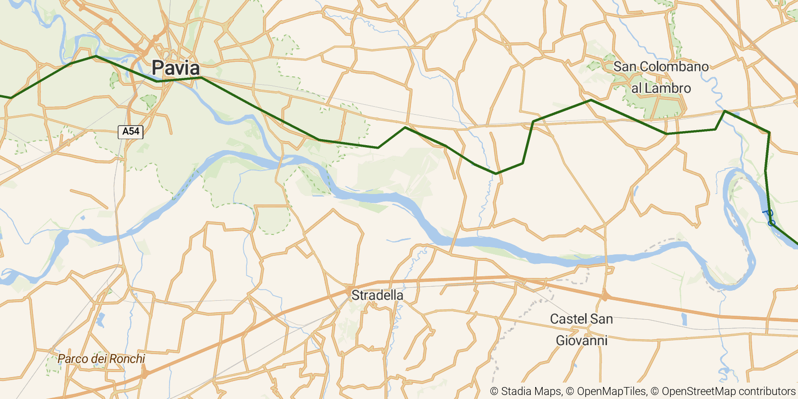 Route map of the Via Francigena in Italy — Stages 13–16: Garlasco to Piacenza on OpenStreetMap terrain