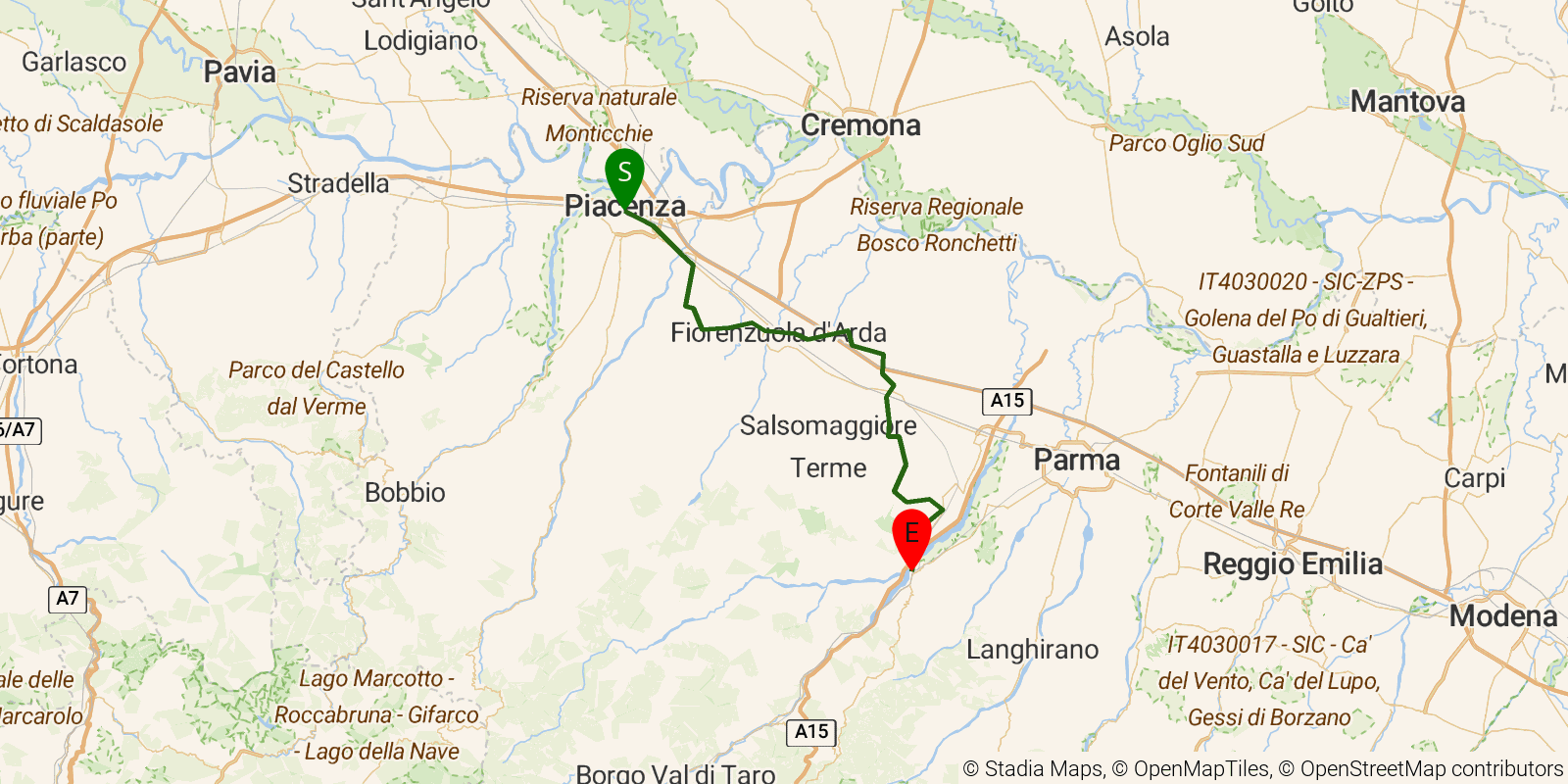 Route map of the Via Francigena in Italy — Stages 17–19: Piacenza to Fornovo on OpenStreetMap terrain