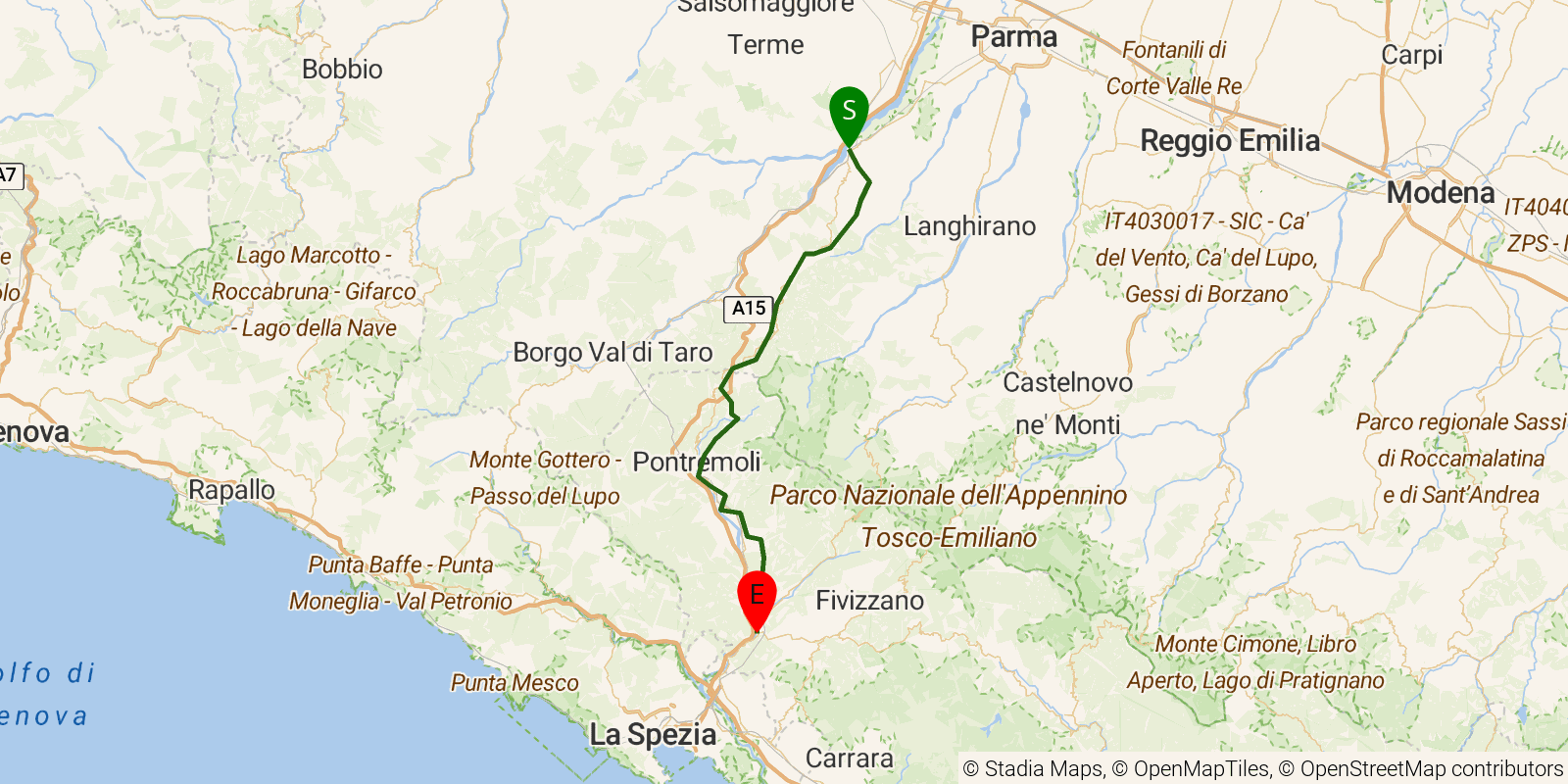 Route map of the Via Francigena in Italy — Stages 20–23: Fornovo to Aulla on OpenStreetMap terrain