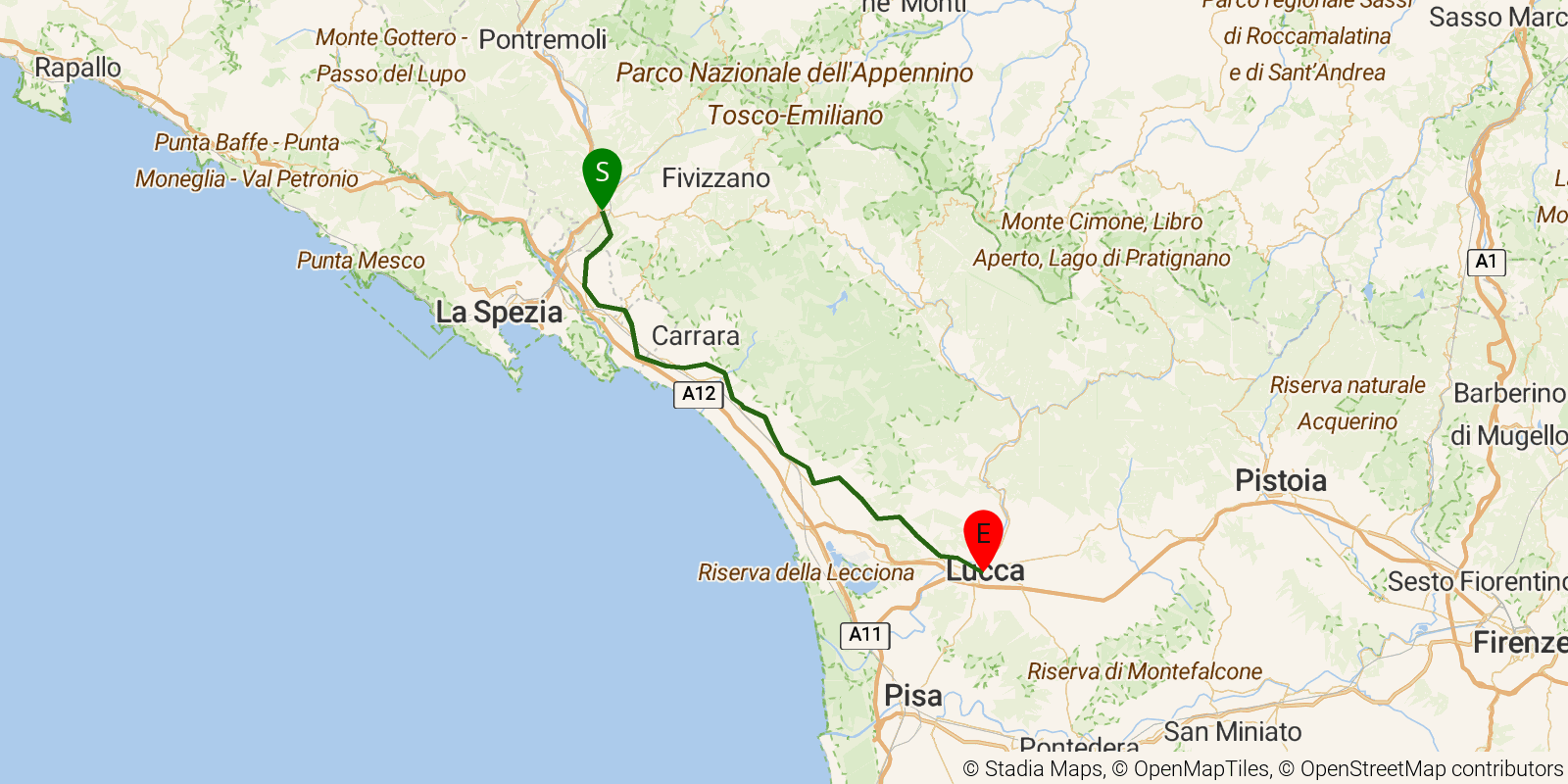 Route map of the Via Francigena in Italy — Stages 24–27: Aulla to Lucca on OpenStreetMap terrain