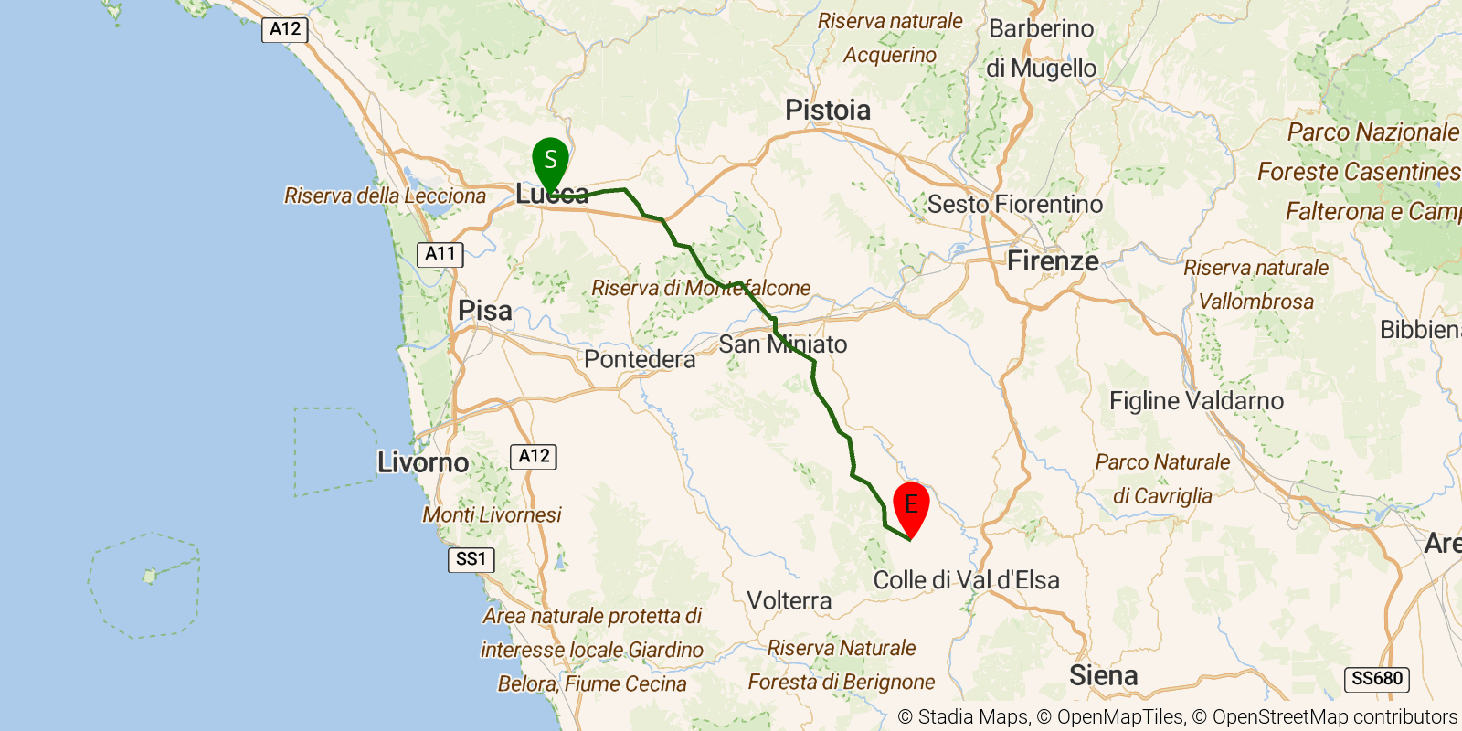Route map of the Via Francigena in Italy — Stages 28–31: Lucca to San Gimignano on OpenStreetMap terrain