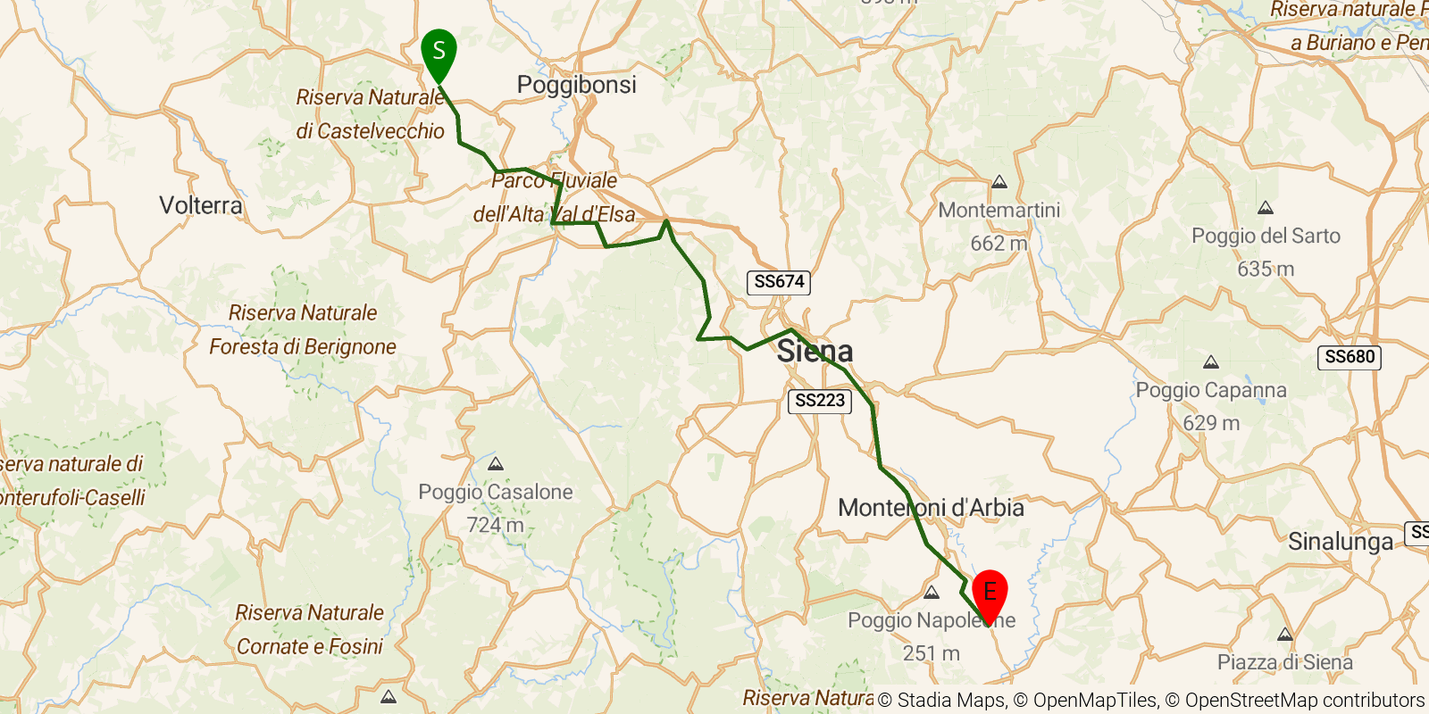 Route map of the Via Francigena in Italy — Stages 32–34: San Gimignano to Ponte d'Arbia on OpenStreetMap terrain