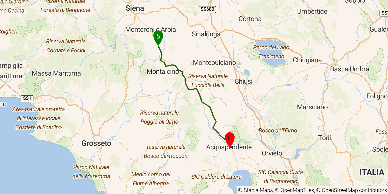 Route map of the Via Francigena in Italy — Stages 35–37: Ponte d'Arbia to Acquapendente on OpenStreetMap terrain