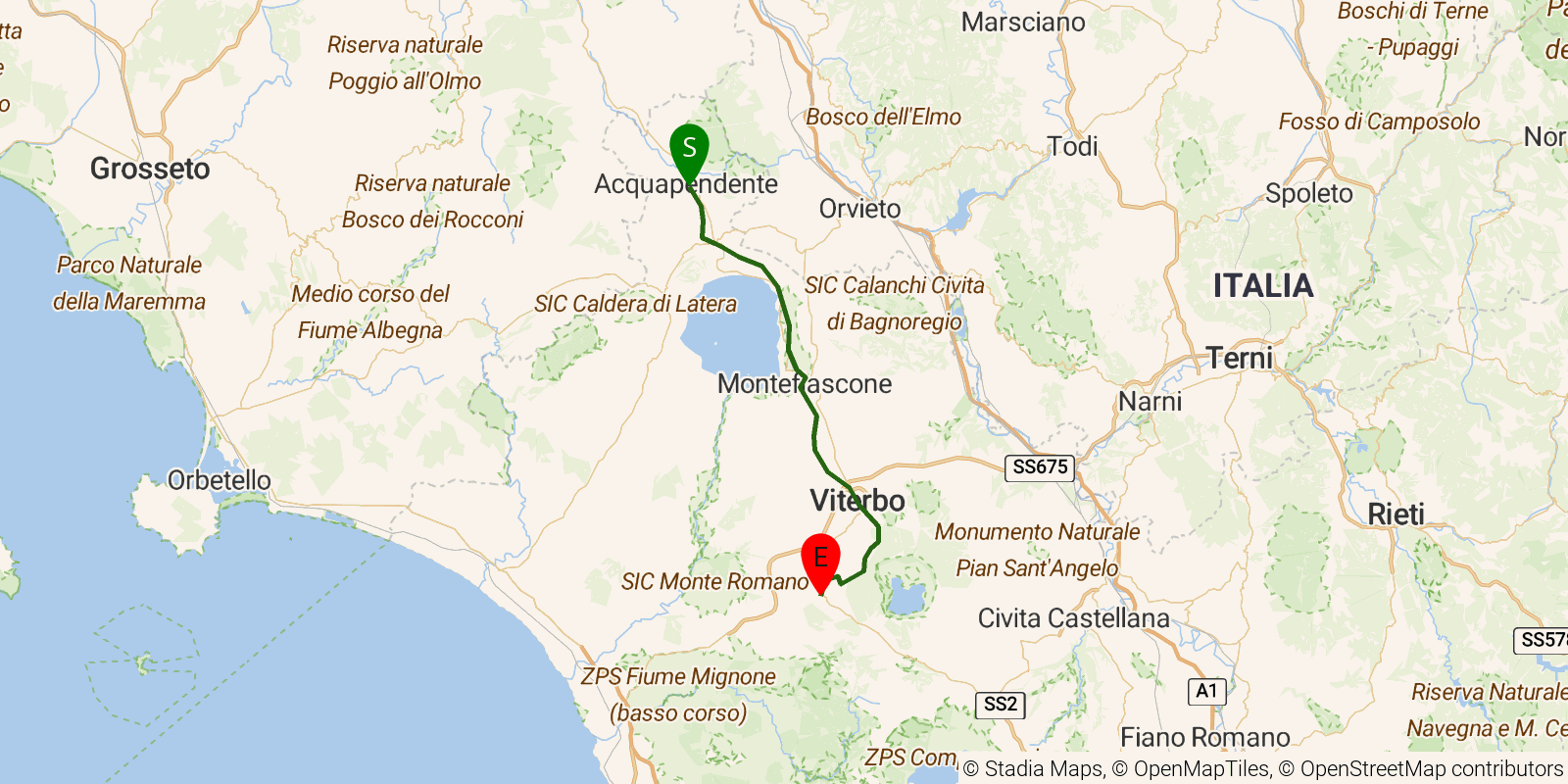 Route map of the Via Francigena in Italy — Stages 38–41: Acquapendente to Vetralla on OpenStreetMap terrain