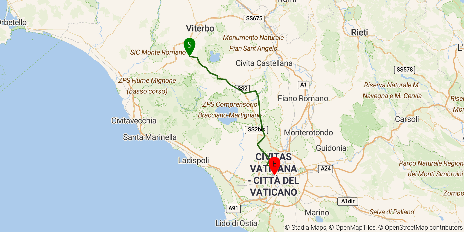 Route map of the Via Francigena in Italy — Stages 42–45: Vetralla to Roma on OpenStreetMap terrain