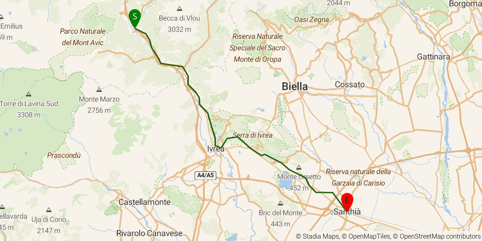 Route map of the Via Francigena in Italy — Stages 5–8: Verrès to Santhià on OpenStreetMap terrain