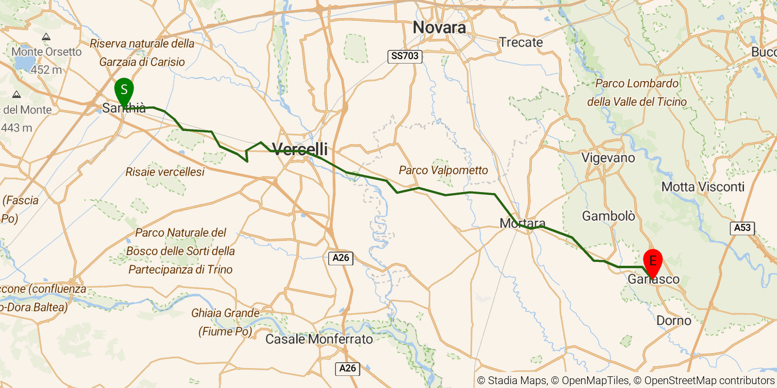 Route map of the Via Francigena in Italy — Stages 9–12: Santhià to Garlasco on OpenStreetMap terrain