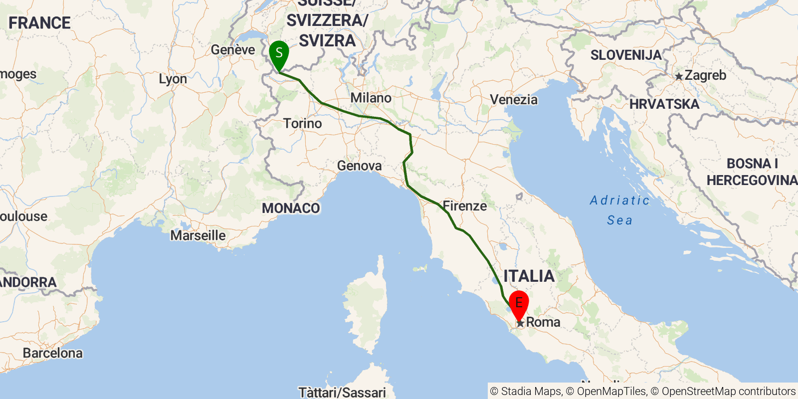 Route map of the Via Francigena in Italy on OpenStreetMap terrain