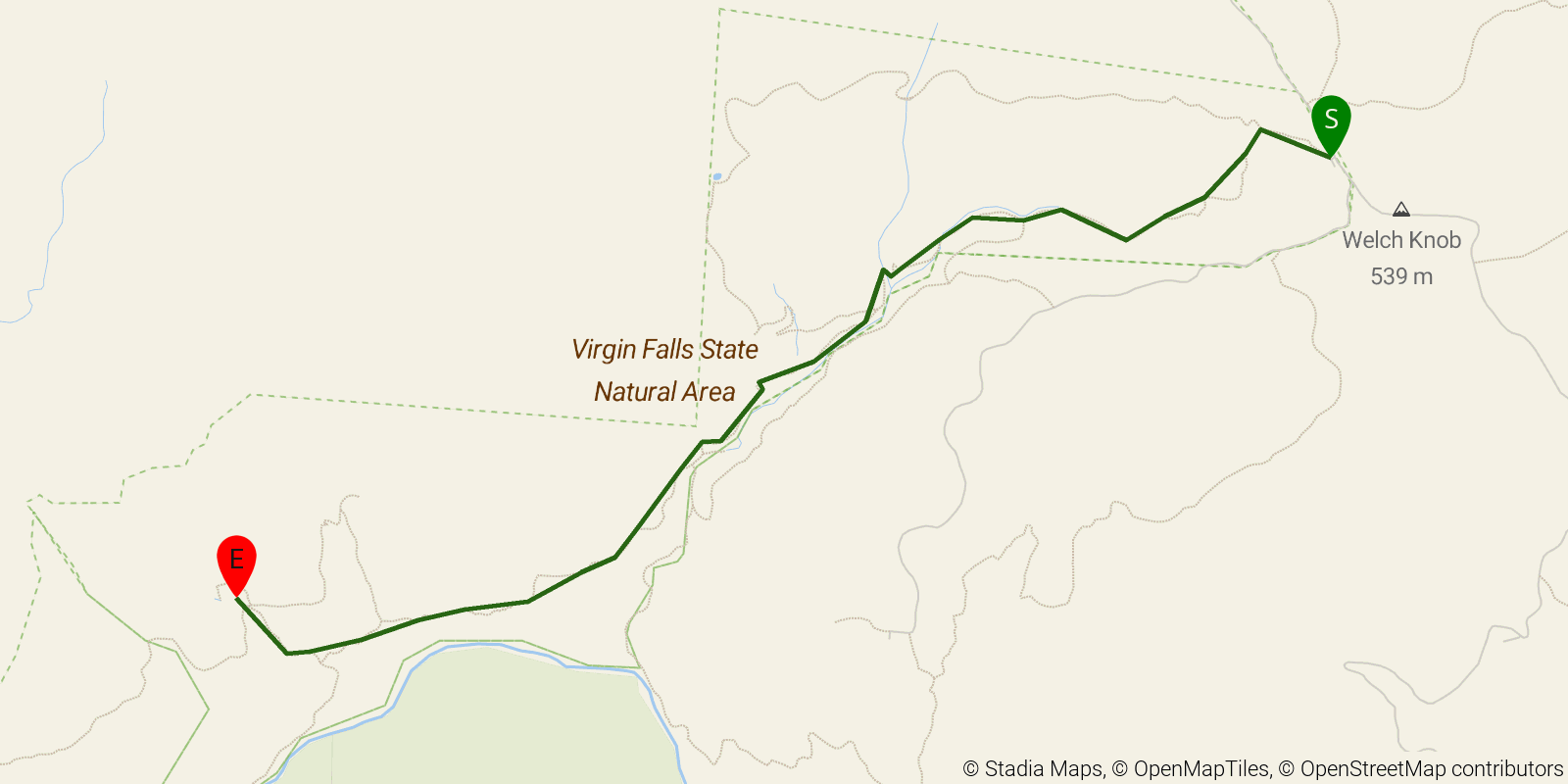 Route map of the Virgin Falls Trail on OpenStreetMap terrain