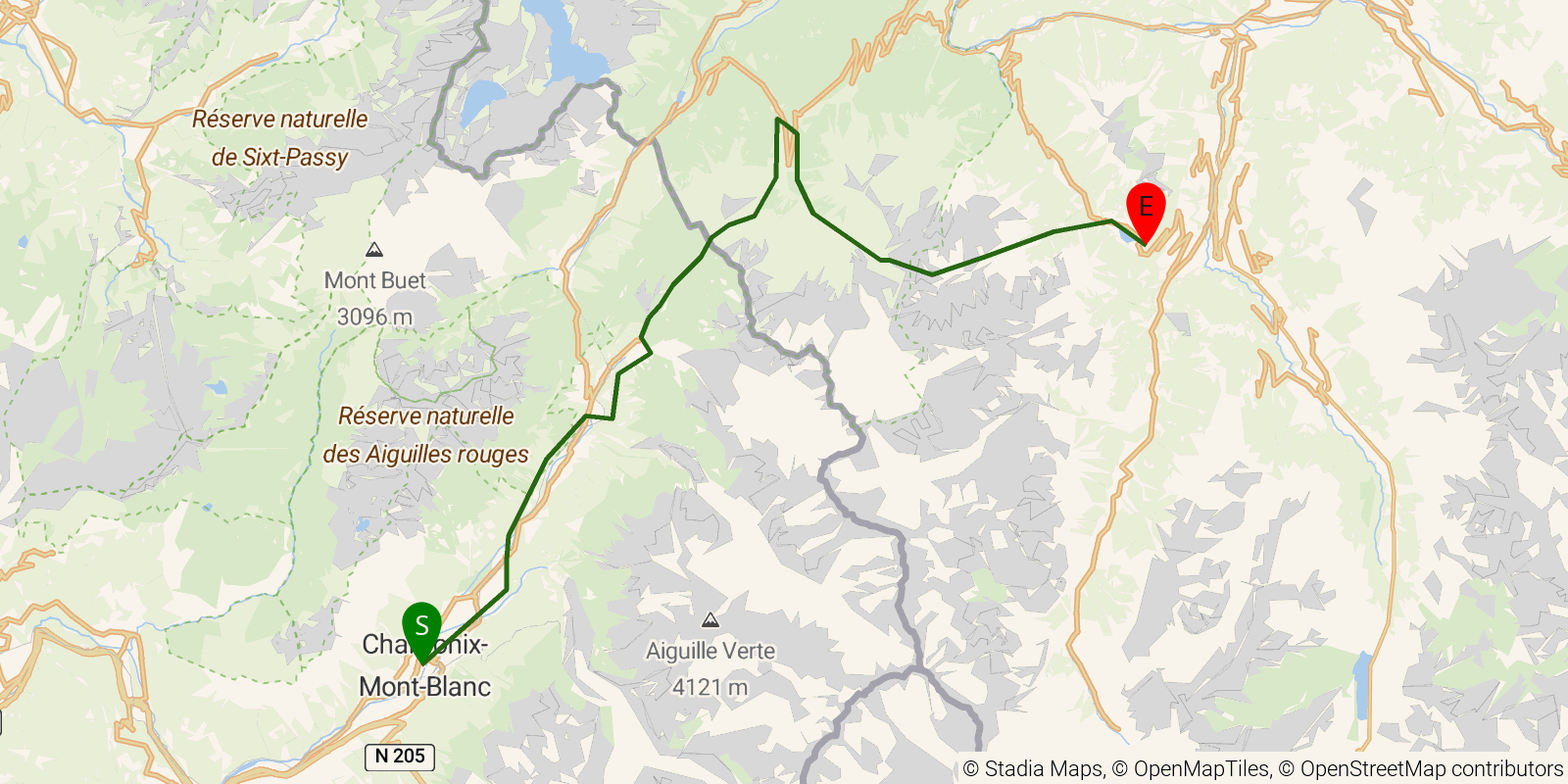 Route map of the Walker's Haute Route — Stages 1–3: Chamonix to Champex-Lac on OpenStreetMap terrain