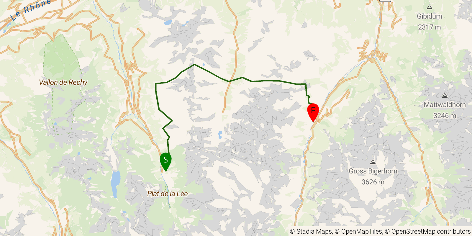 Route map of the Walker's Haute Route — Stages 11–12: Zinal to St Niklaus on OpenStreetMap terrain