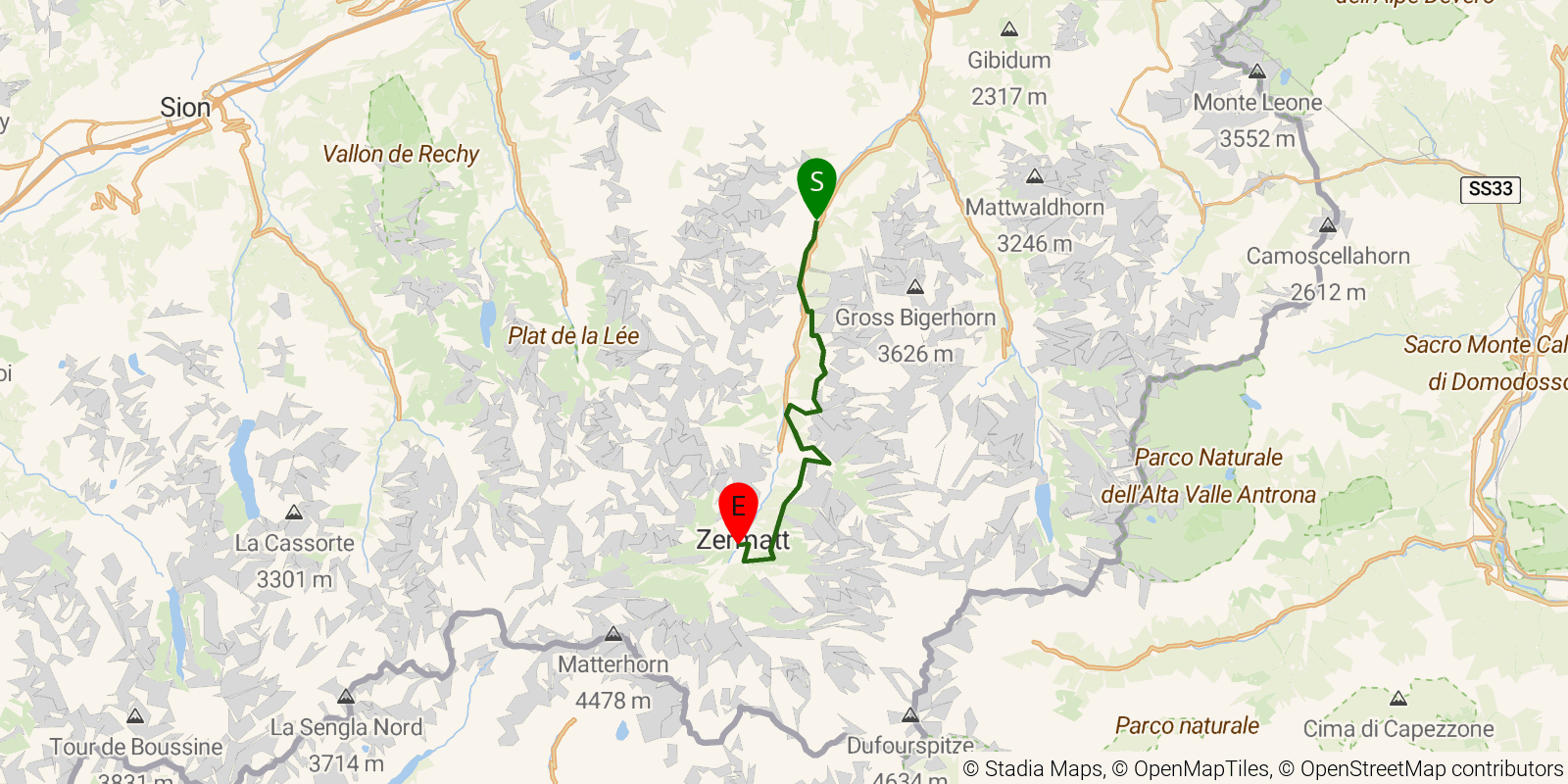 Route map of the Walker's Haute Route — Stages 13–14: St Niklaus to Zermatt on OpenStreetMap terrain