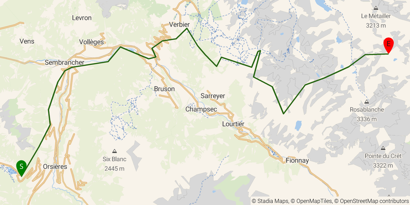 Route map of the Walker's Haute Route — Stages 4–6: Champex-Lac to Cabane de Prafleuri on OpenStreetMap terrain