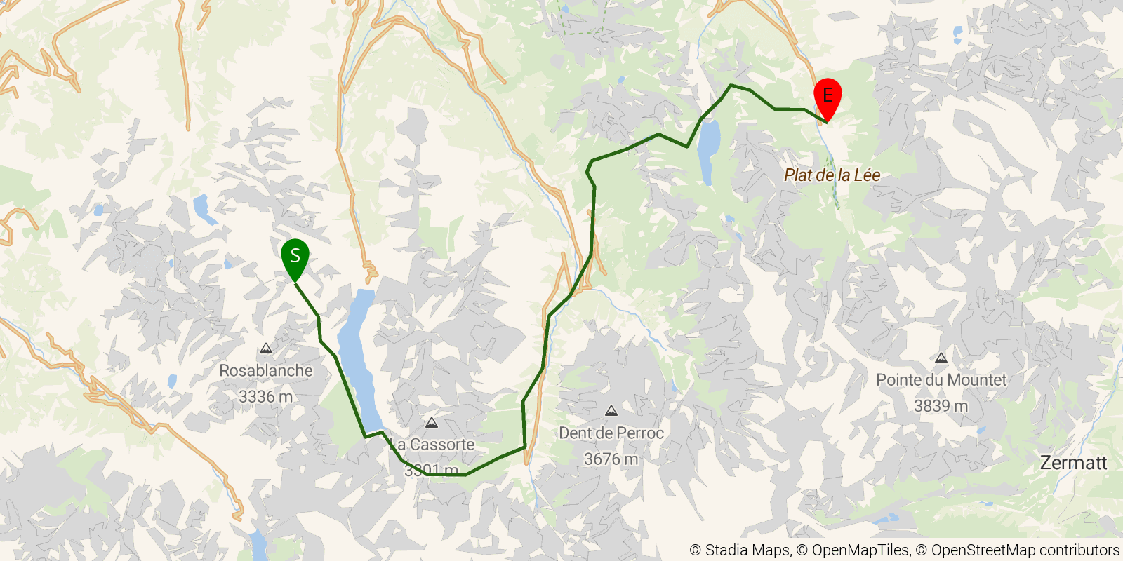 Route map of the Walker's Haute Route — Stages 7–10: Cabane de Prafleuri to Zinal on OpenStreetMap terrain