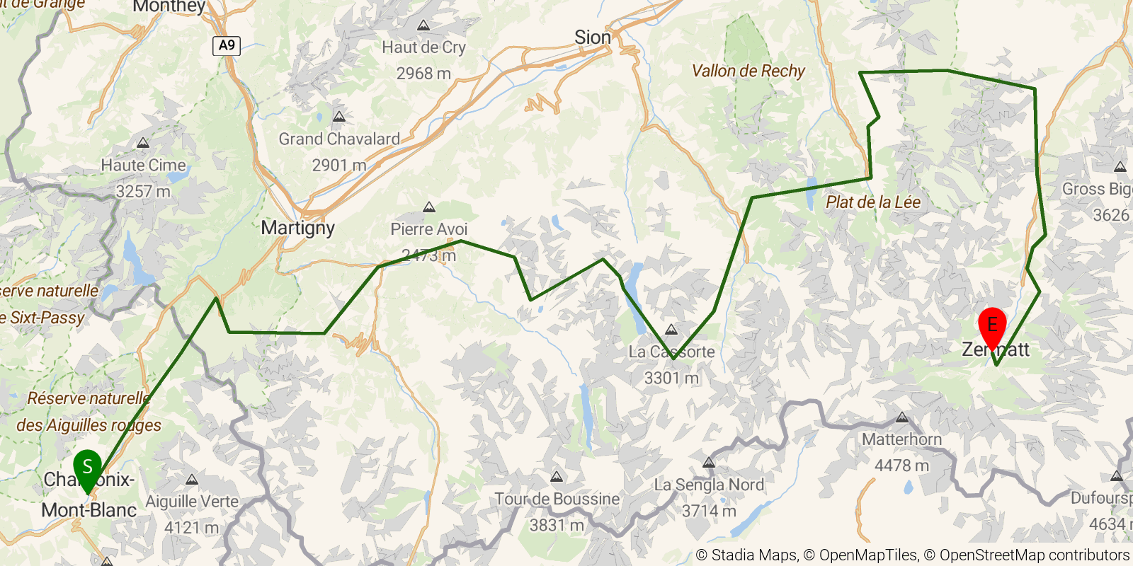 Route map of the Walker's Haute Route on OpenStreetMap terrain