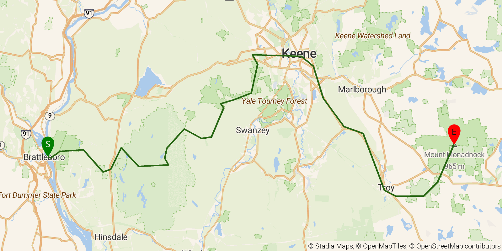Route map of the Wantastiquet-Monadnock Trail on OpenStreetMap terrain