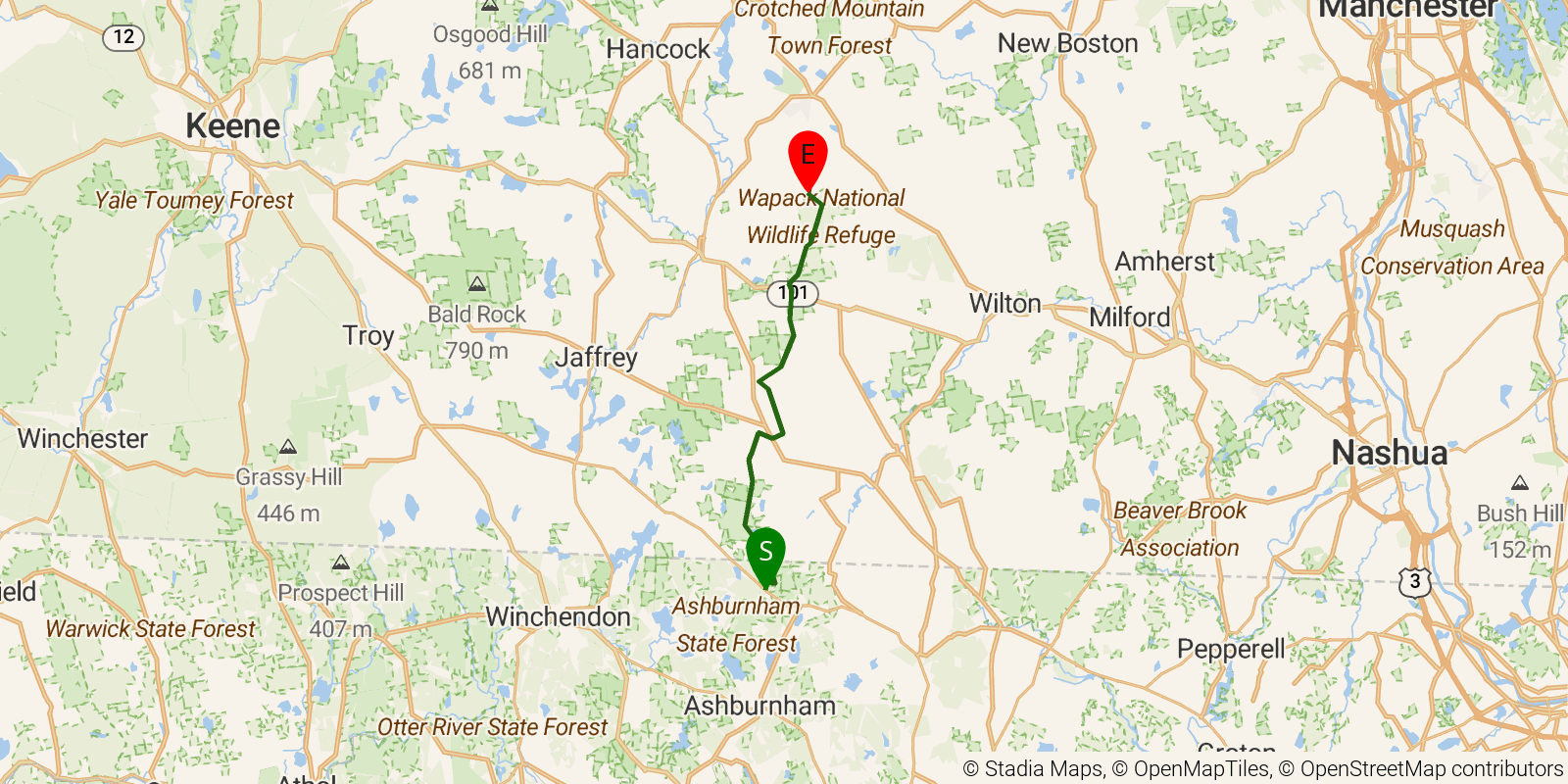 Route map of the Wapack Trail on OpenStreetMap terrain