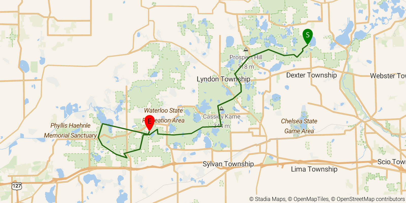 Route map of the Waterloo–Pinckney Trail on OpenStreetMap terrain