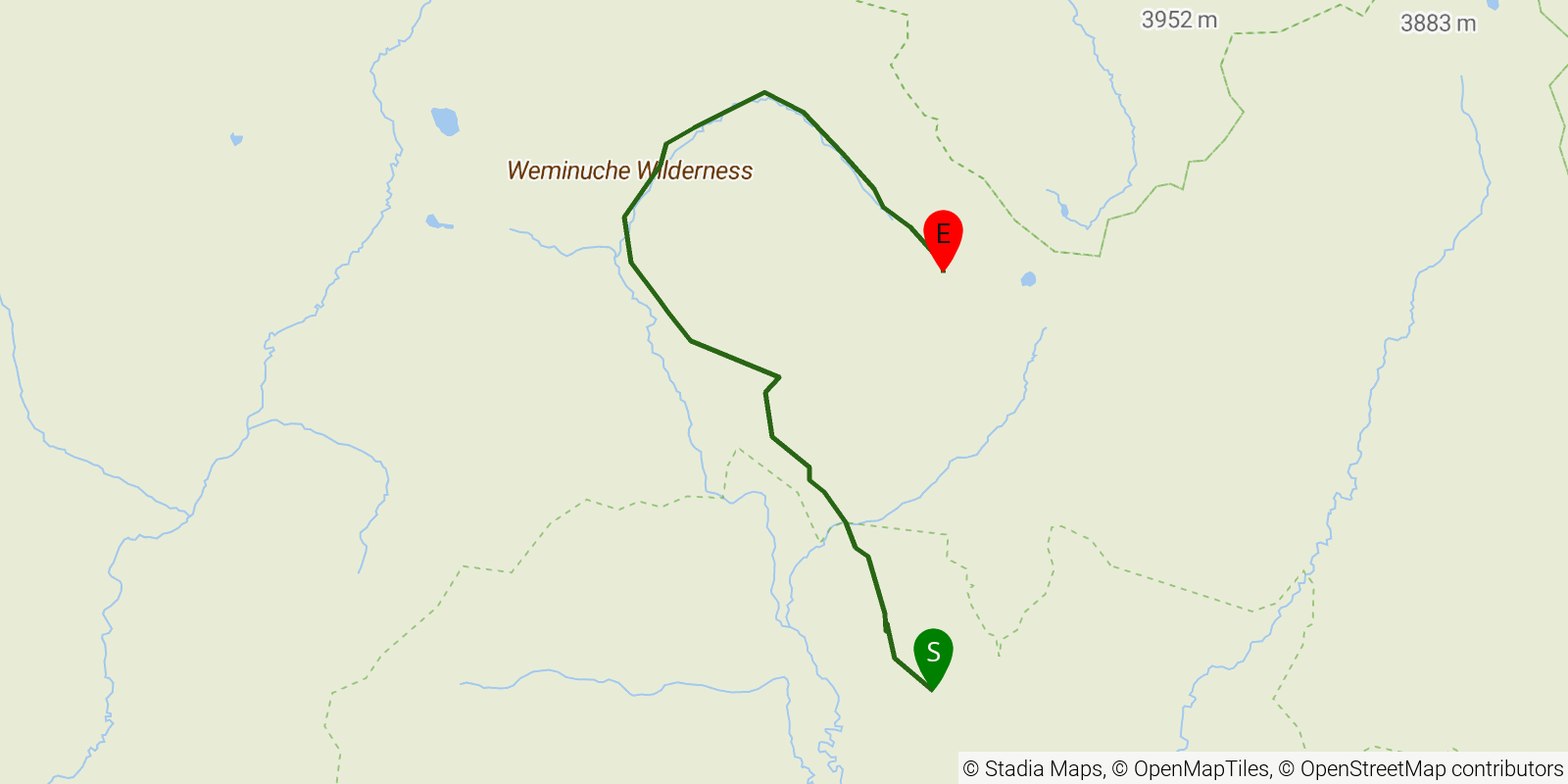 Route map of the Weminuche Trail on OpenStreetMap terrain