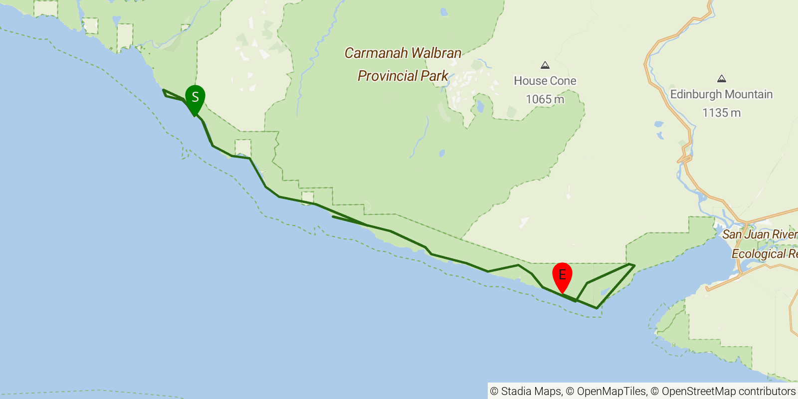 Route map of the West Coast Trail on OpenStreetMap terrain
